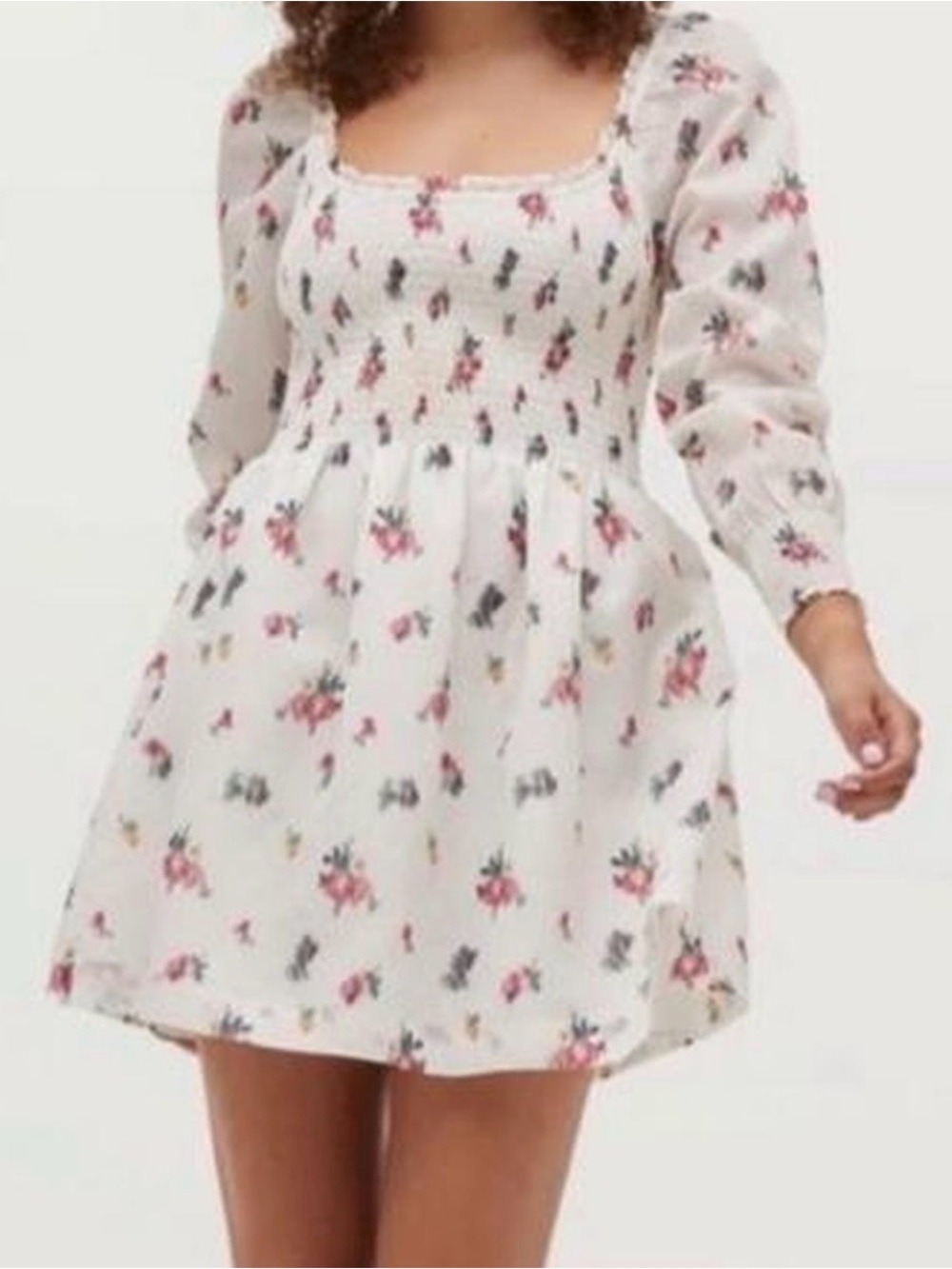 Hill House White Floral Smocked Square-Neck Dress with Pink Flowers